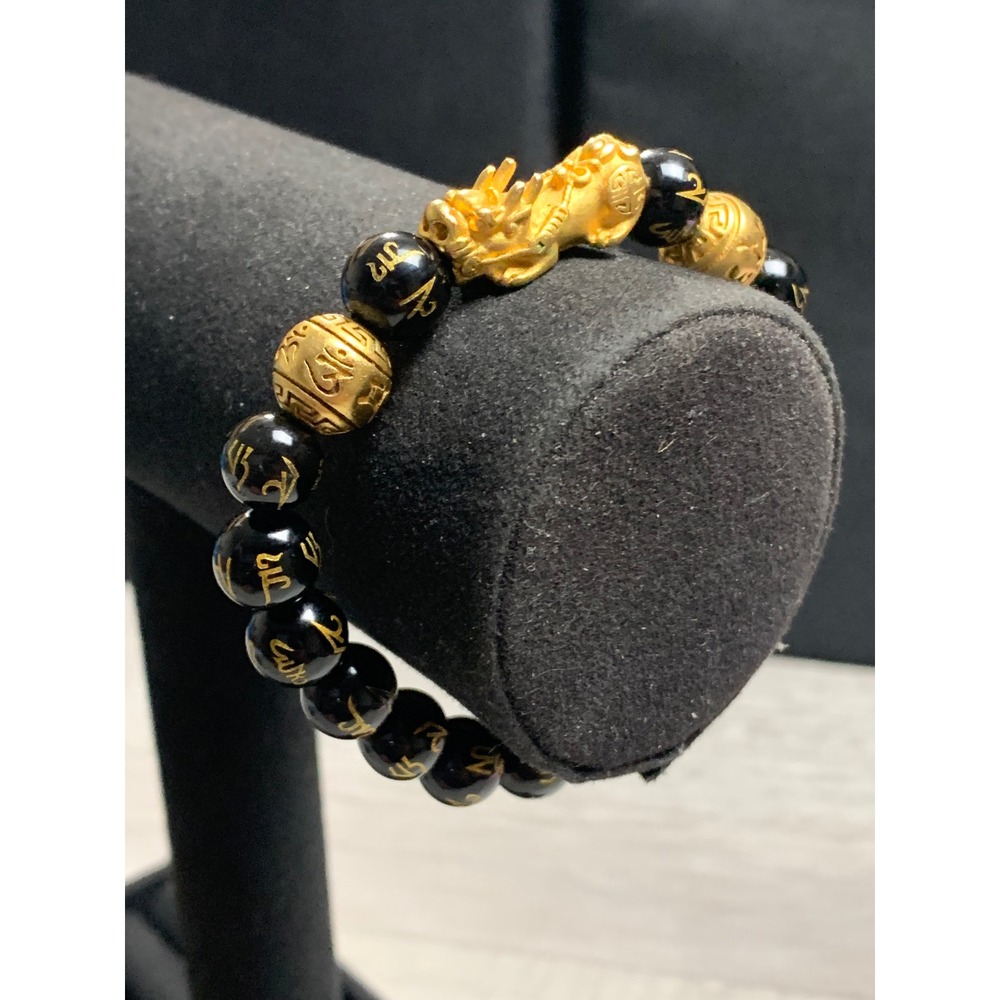 Feng Shui Pixiu Mani Mantra Black Obsidian Bead Bracelet Gold Wealth Charm 6.5in